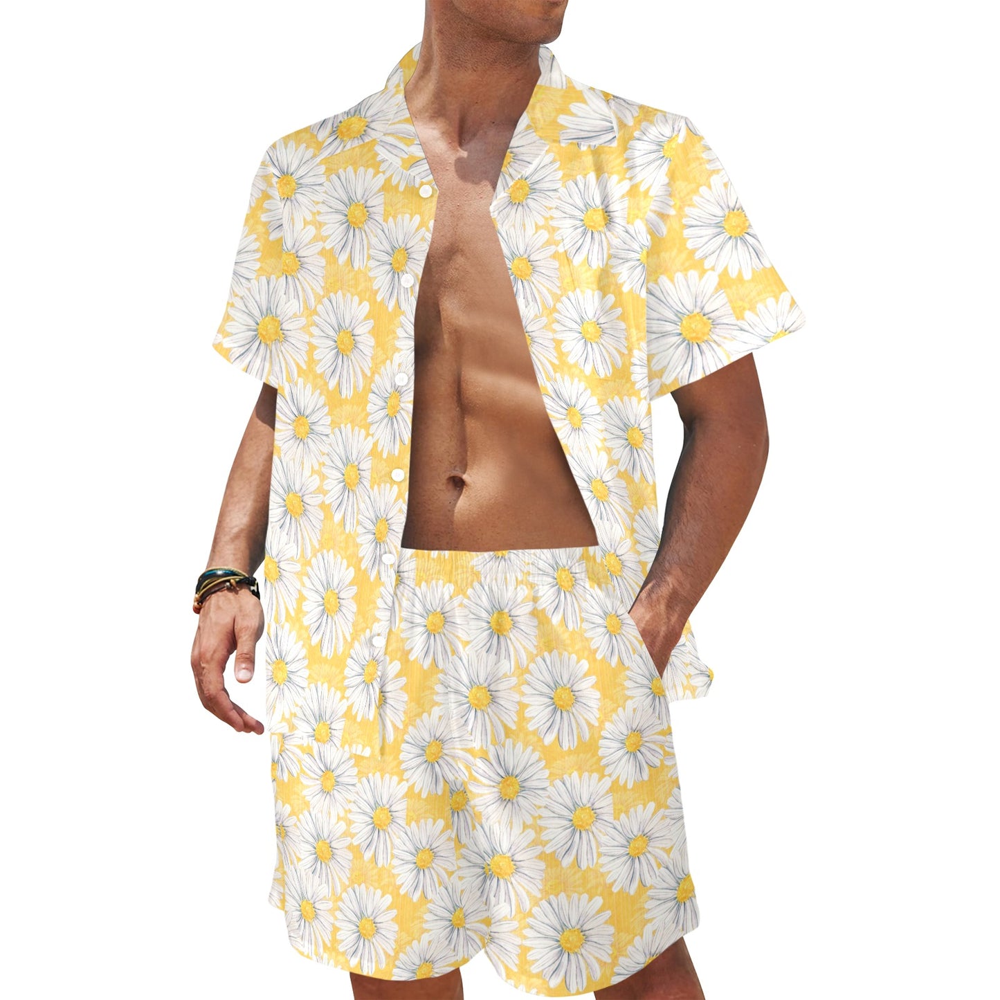 Daisy Yellow Watercolor Print Pattern Men's Beach Shirt and Shorts Set