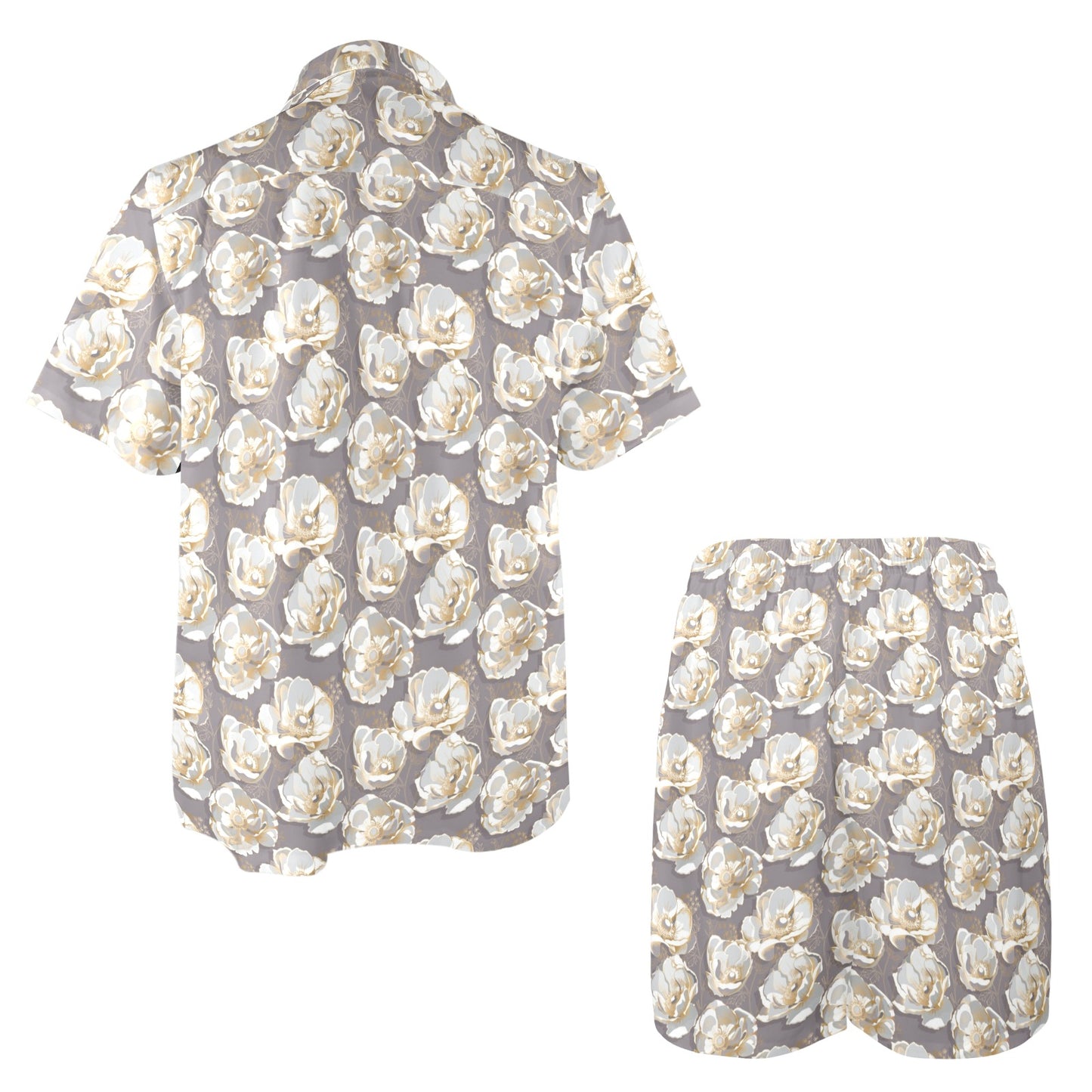 Elegant Grey Flower Print Men's Beach Shirt and Shorts Set
