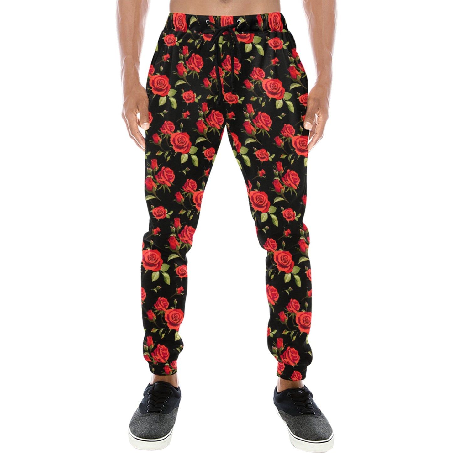 Red Rose Themed Print Men's Sweatpants