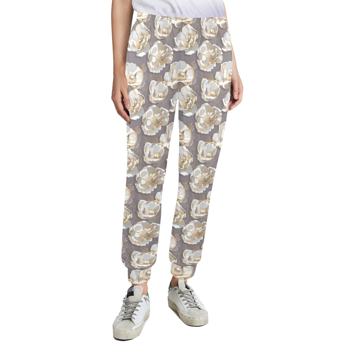 Elegant Grey Flower Print Women's Casual Track Pants