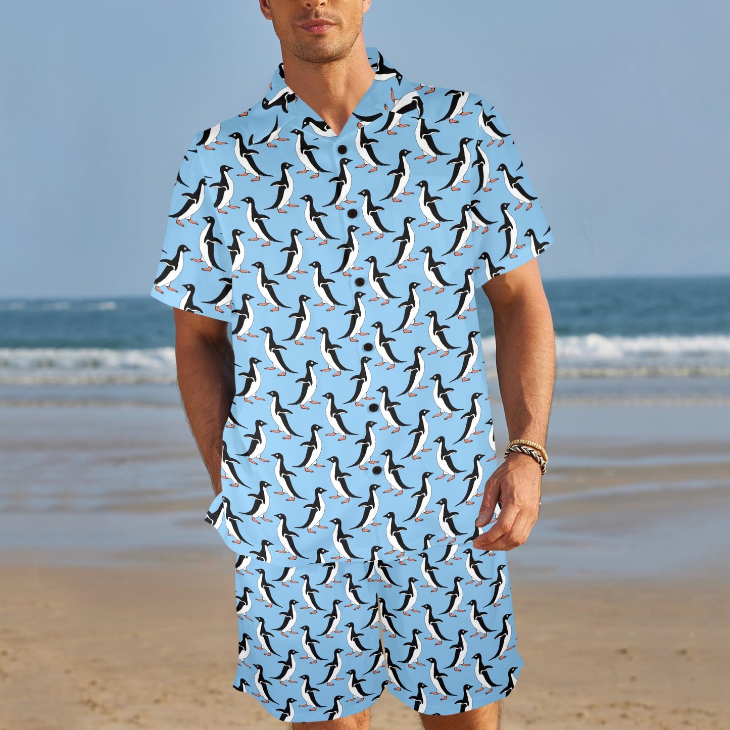 Penguin Dance Pattern Men's Beach Shirt and Shorts Set
