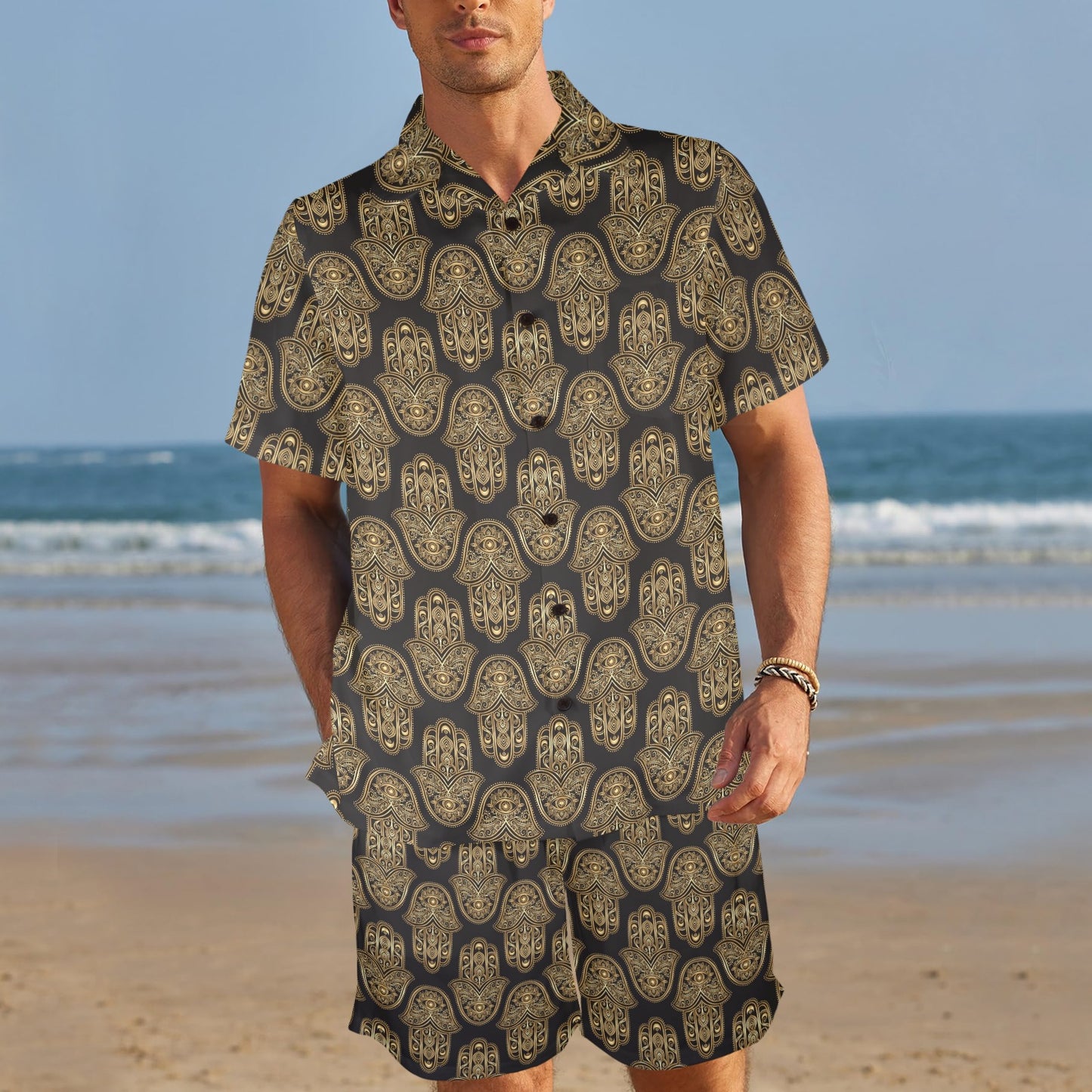 hamsa Design Print Pattern JJ0321 Men's Beach Shirt and Shorts Set