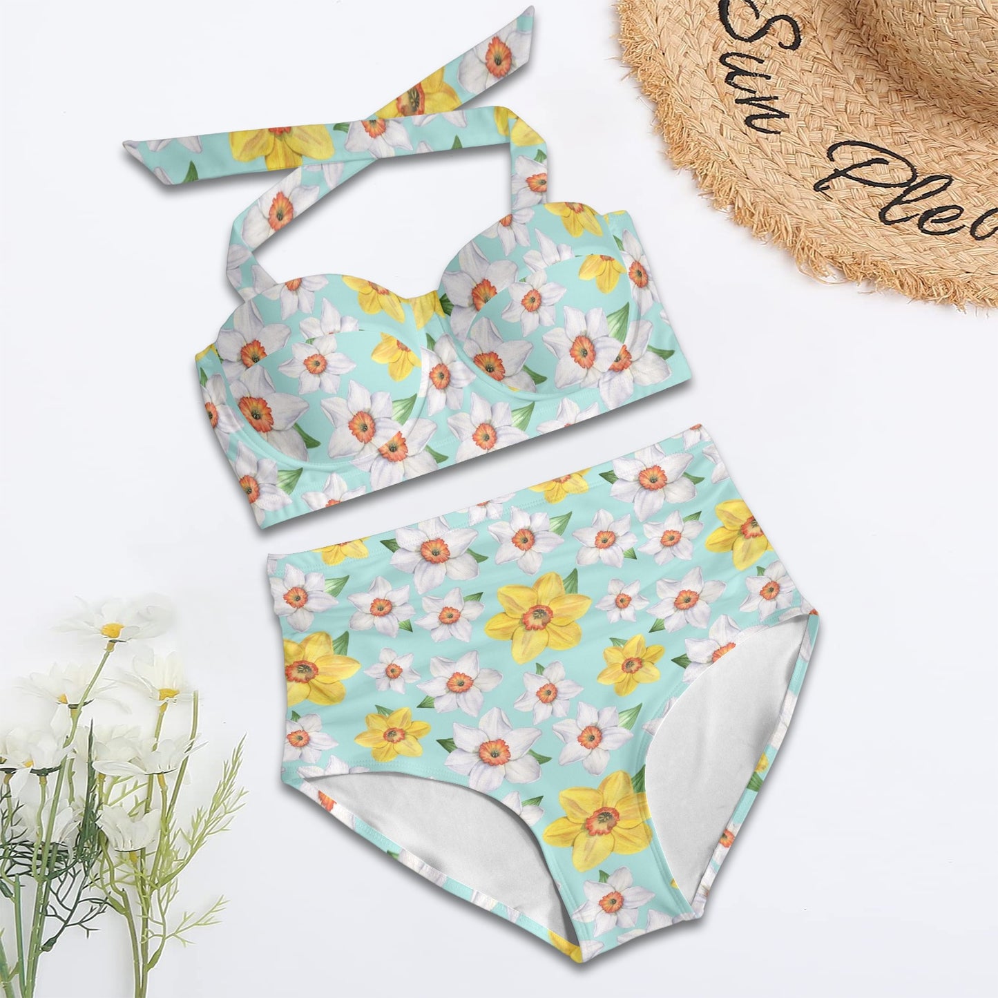 Daffodils Pattern Print Design DF07 Halter Neck Bikini Swimsuit