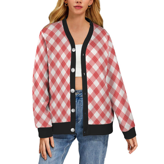 Gingham Red Pattern Print Design 01 Women's Cardigan