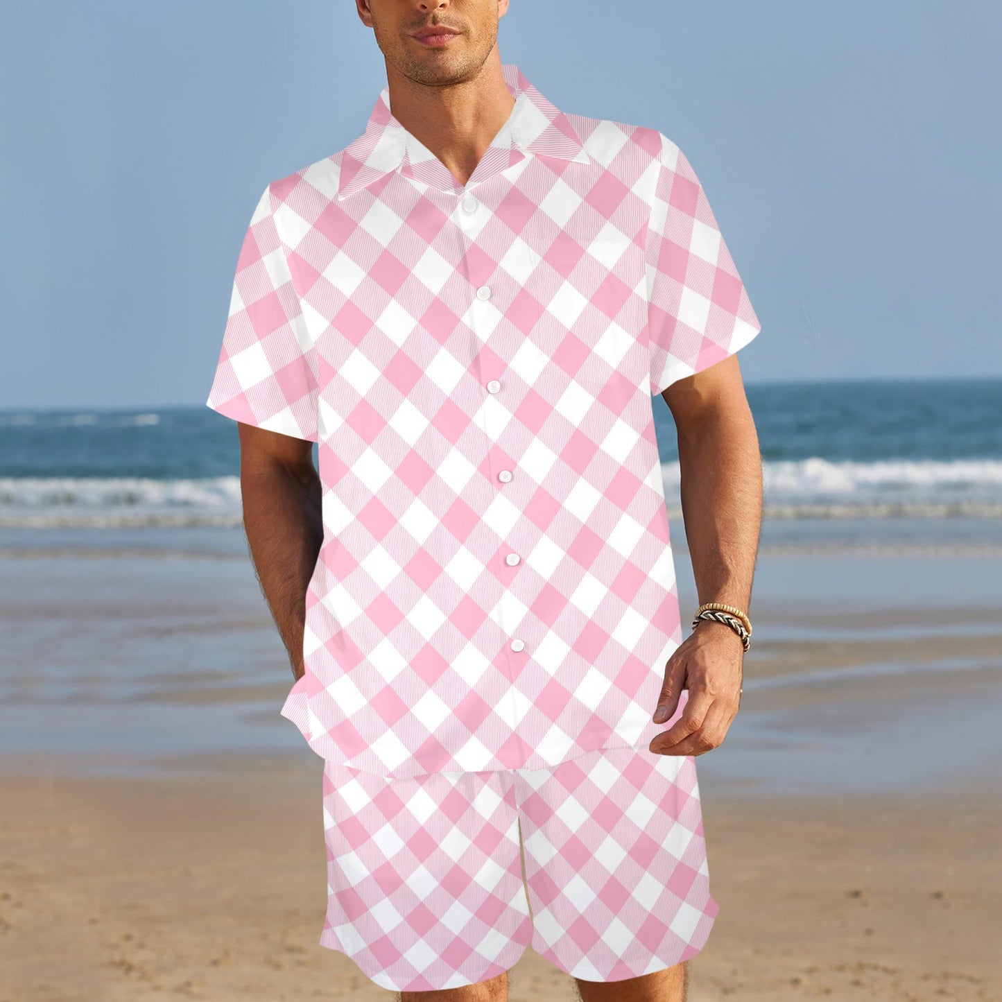 Gingham Pink Pattern Print Design 02 Men's Beach Shirt and Shorts Set