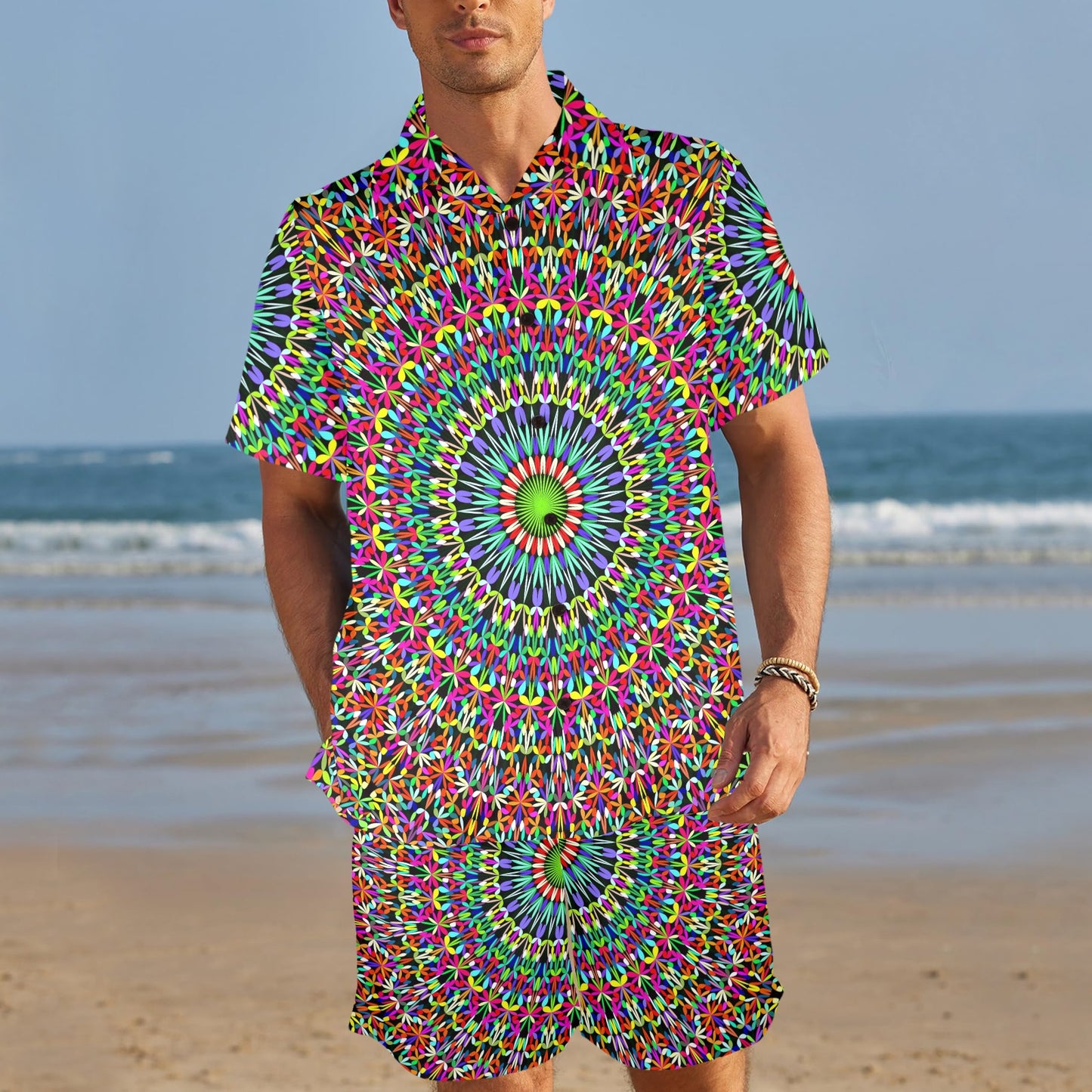 Bohemian Colorful Style Print Men's Beach Shirt and Shorts Set