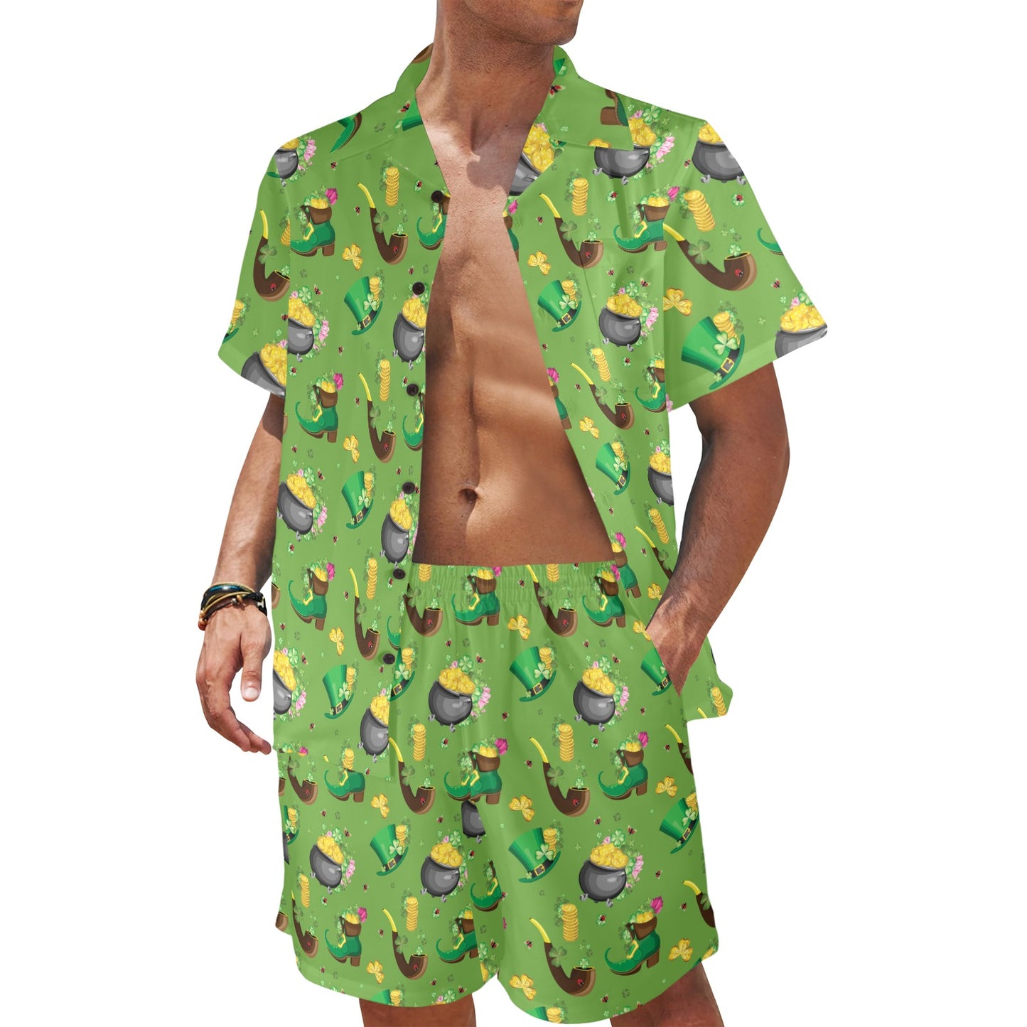 Shamrock Saint Patrick's Day Print Design LKS306 Men's Beach Shirt and Shorts Set