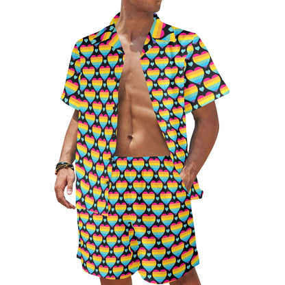 Rainbow Heart Print Pattern Men's Beach Shirt and Shorts Set