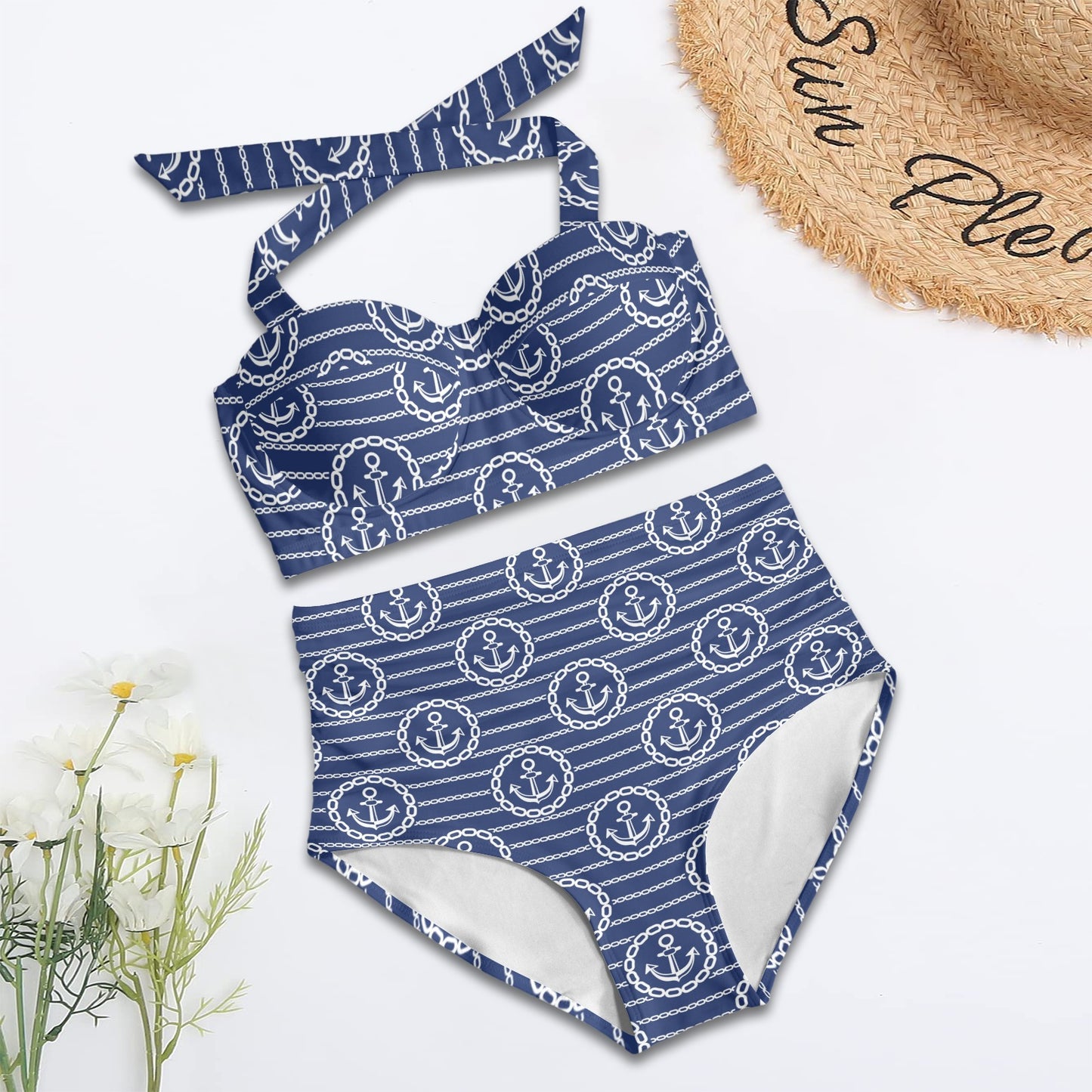 Anchor Stripe Pattern Halter Neck Bikini Swimsuit