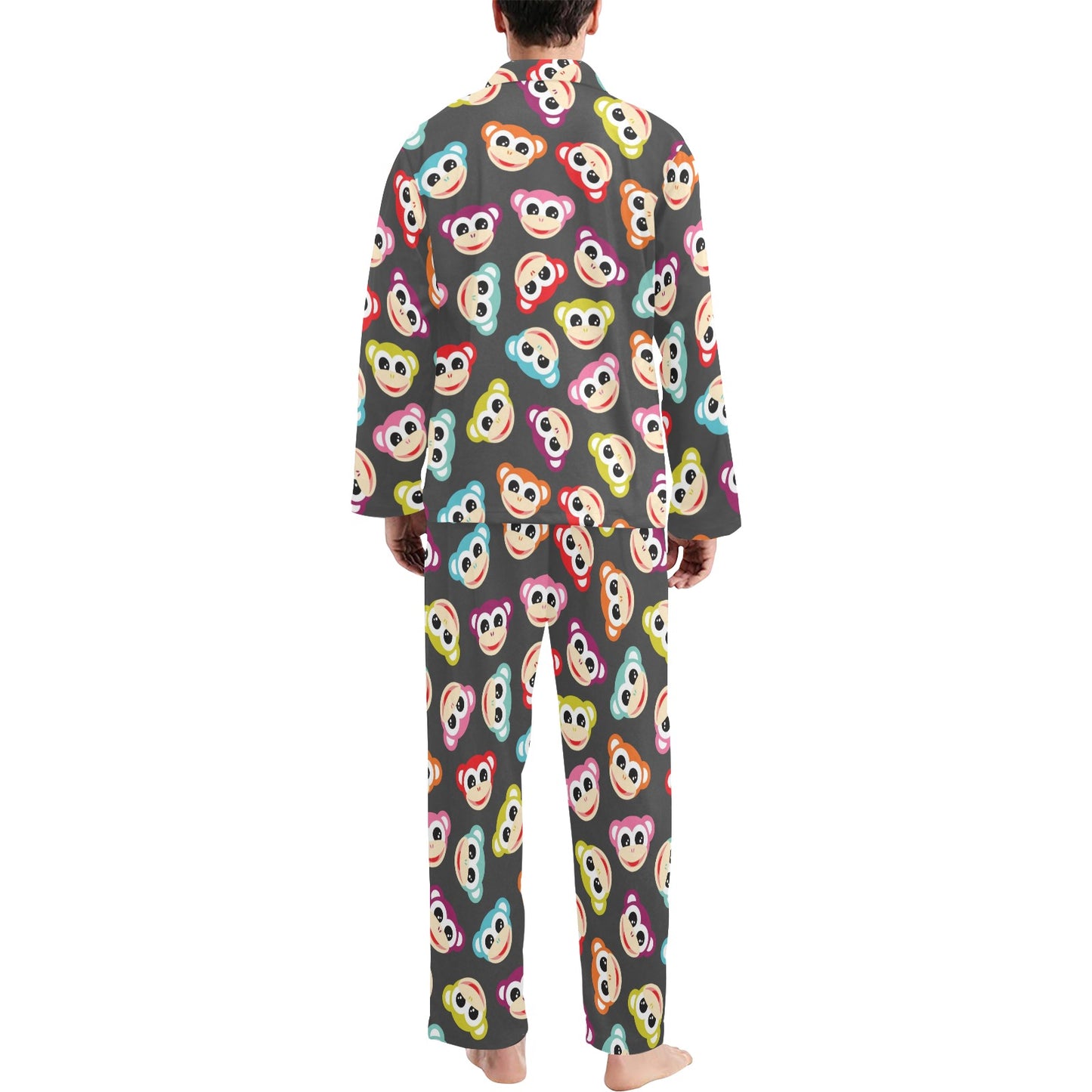 Monkey Head Design Themed Print Men's Long Pajama Set