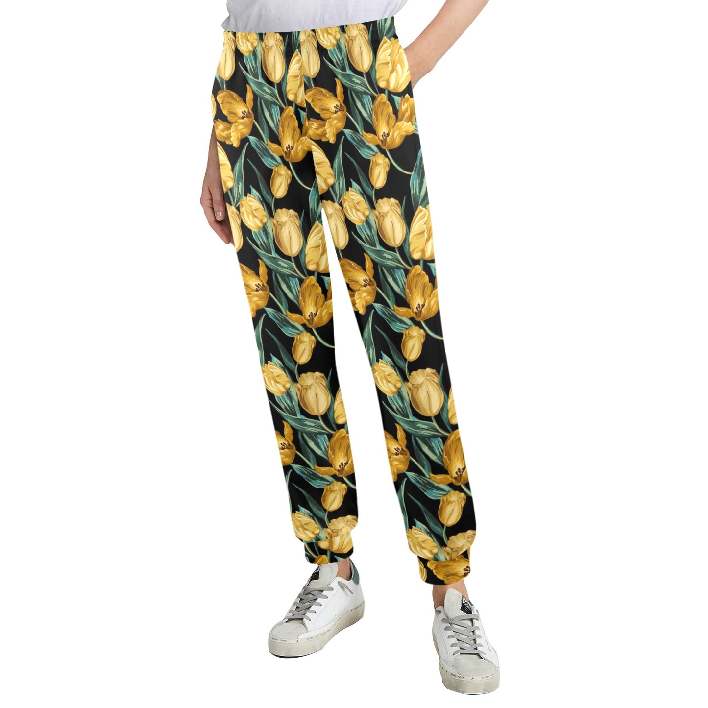 Elegant Yellow Tulip Print Women's Casual Track Pants