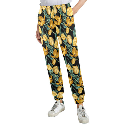 Elegant Yellow Tulip Print Women's Casual Track Pants