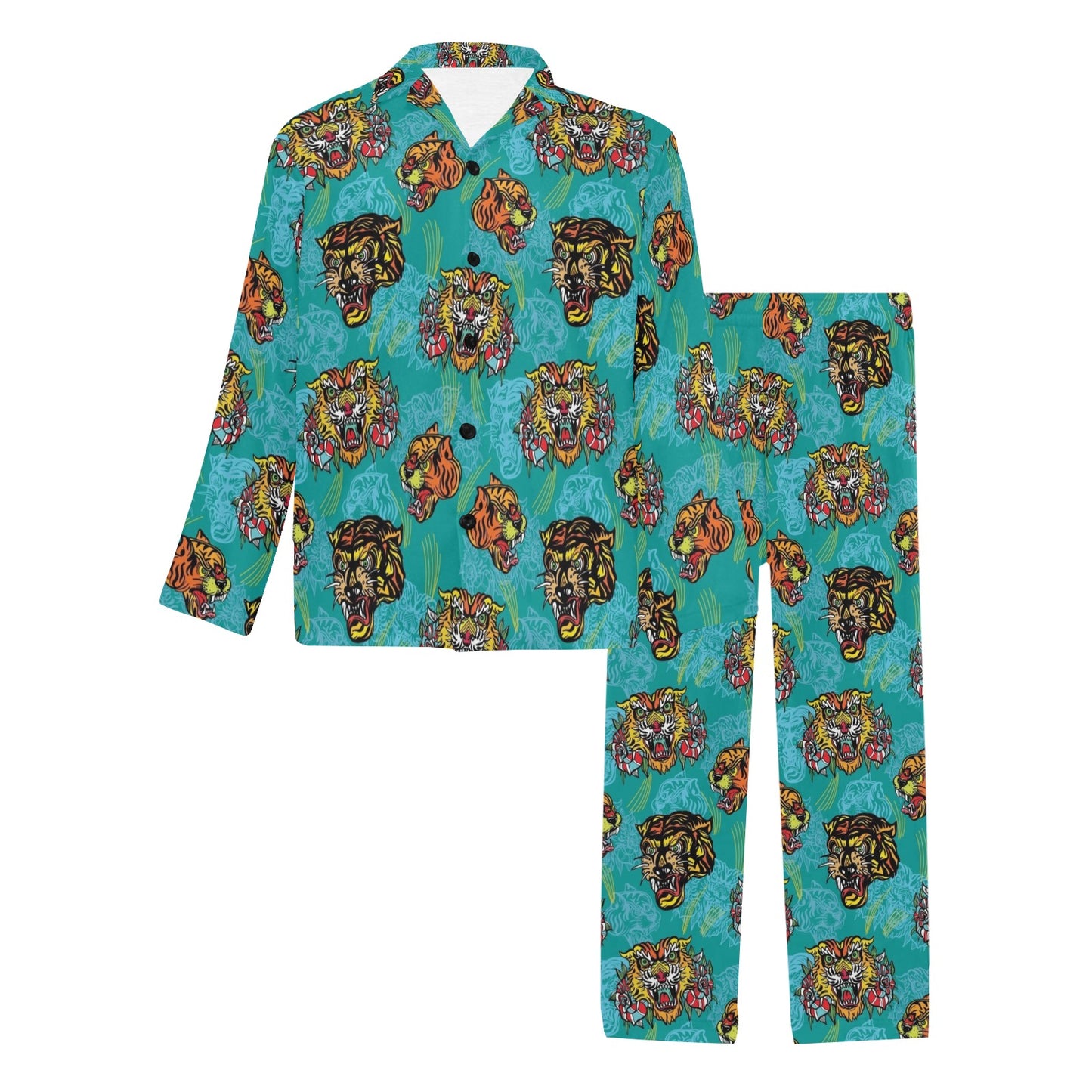 Tattoo Tiger Head Print Design LKS304 Men's Long Pajama Set