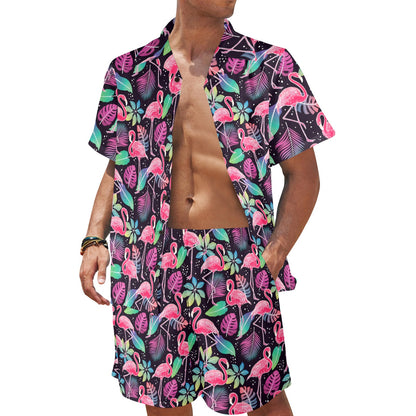 Flamingo Tropical leaves Neon Print Men's Beach Shirt and Shorts Set