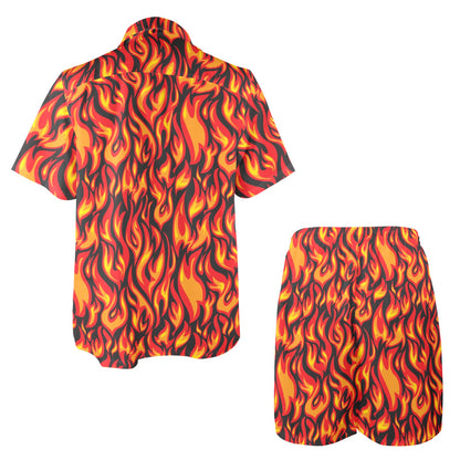 Flame Fire Print Pattern Men's Beach Shirt and Shorts Set