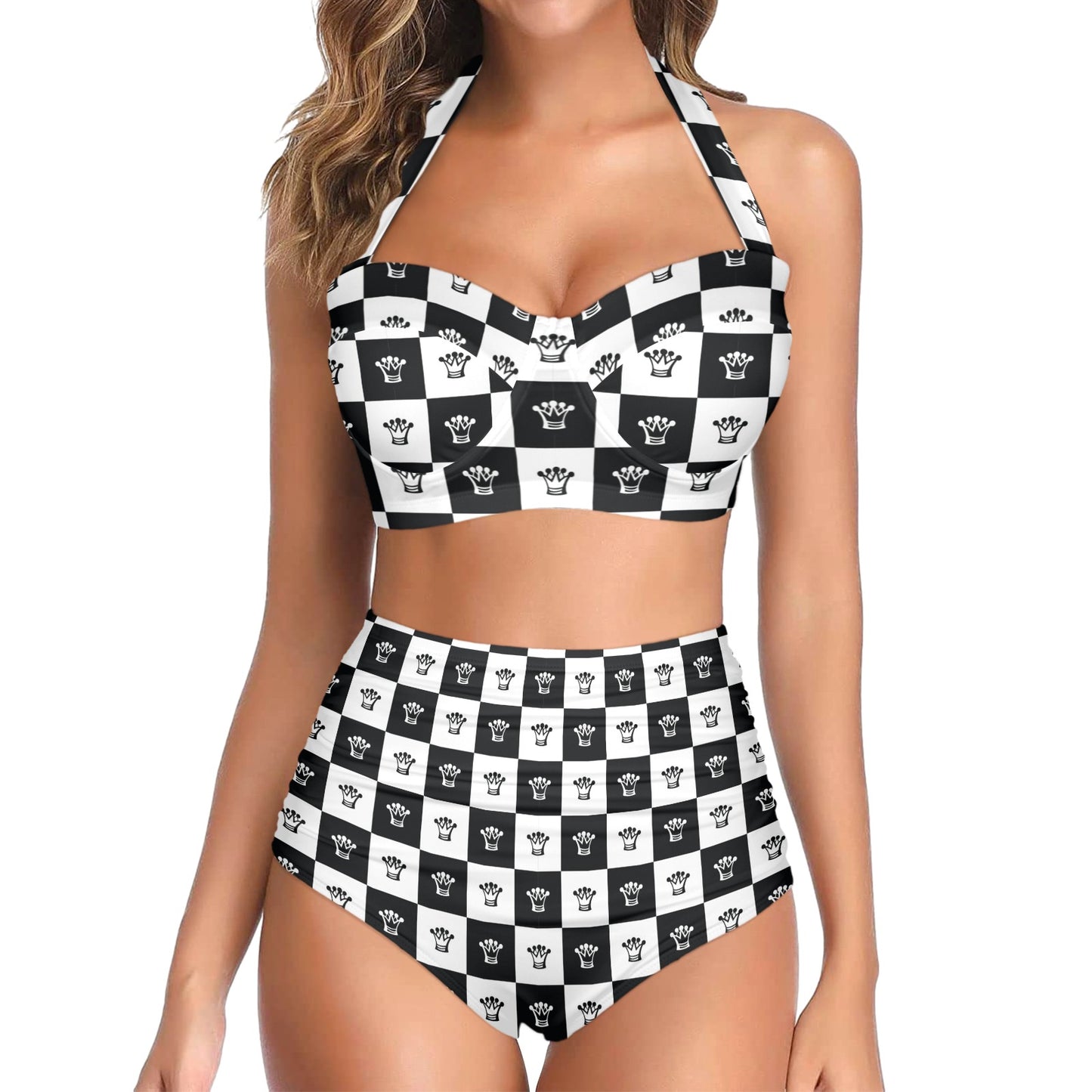 Checkered Flag Crown Pattern Halter Neck Bikini Swimsuit