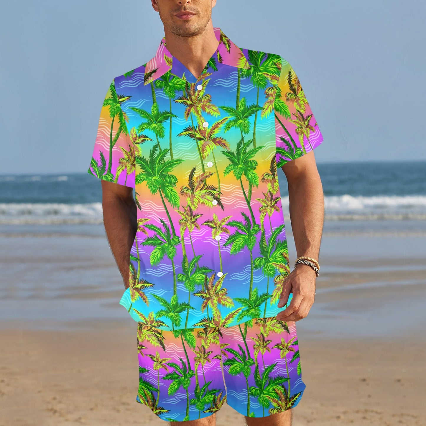 Palm Tree Rainbow Pattern Men's Beach Shirt and Shorts Set
