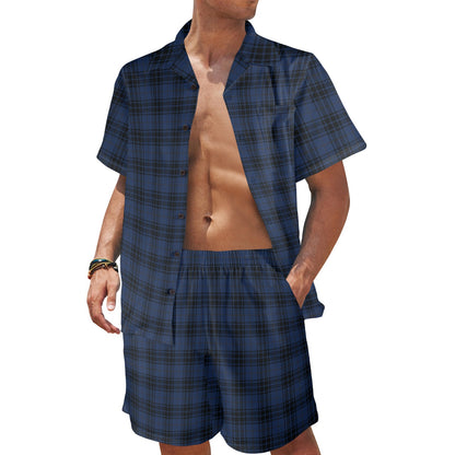 Navy Blue Tartan Plaid Pattern Men's Beach Shirt and Shorts Set