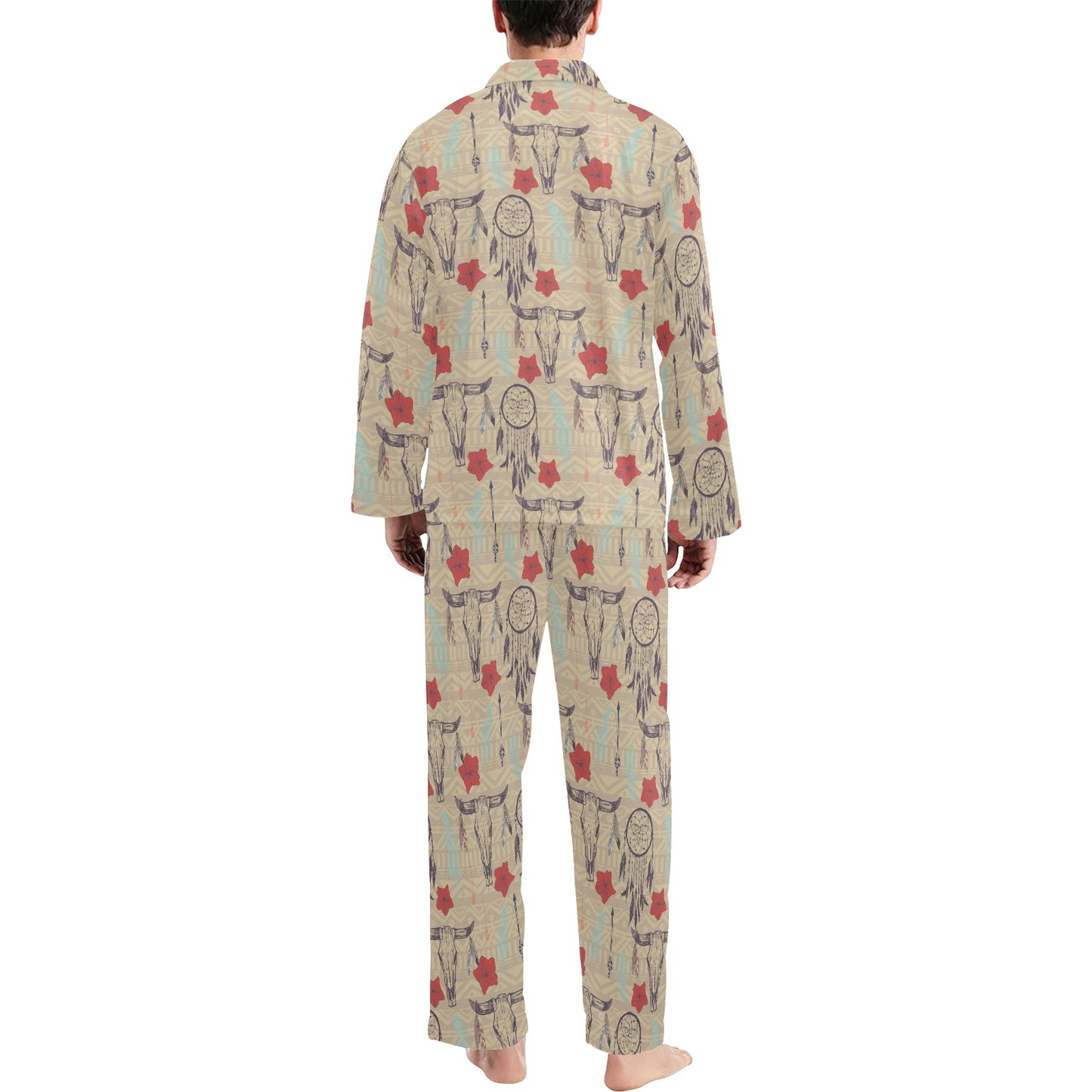 Native Buffalo Head Themed Design Print Men's Long Pajama Set
