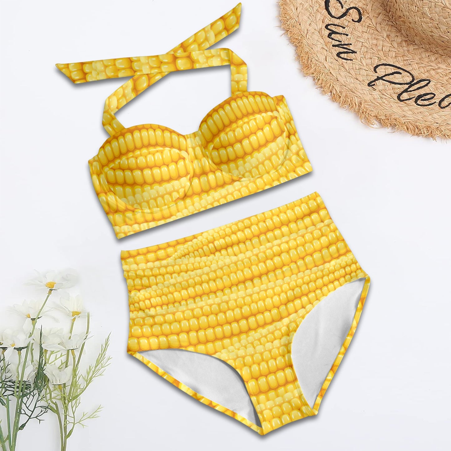 Agricultural Corn cob Pattern Halter Neck Bikini Swimsuit