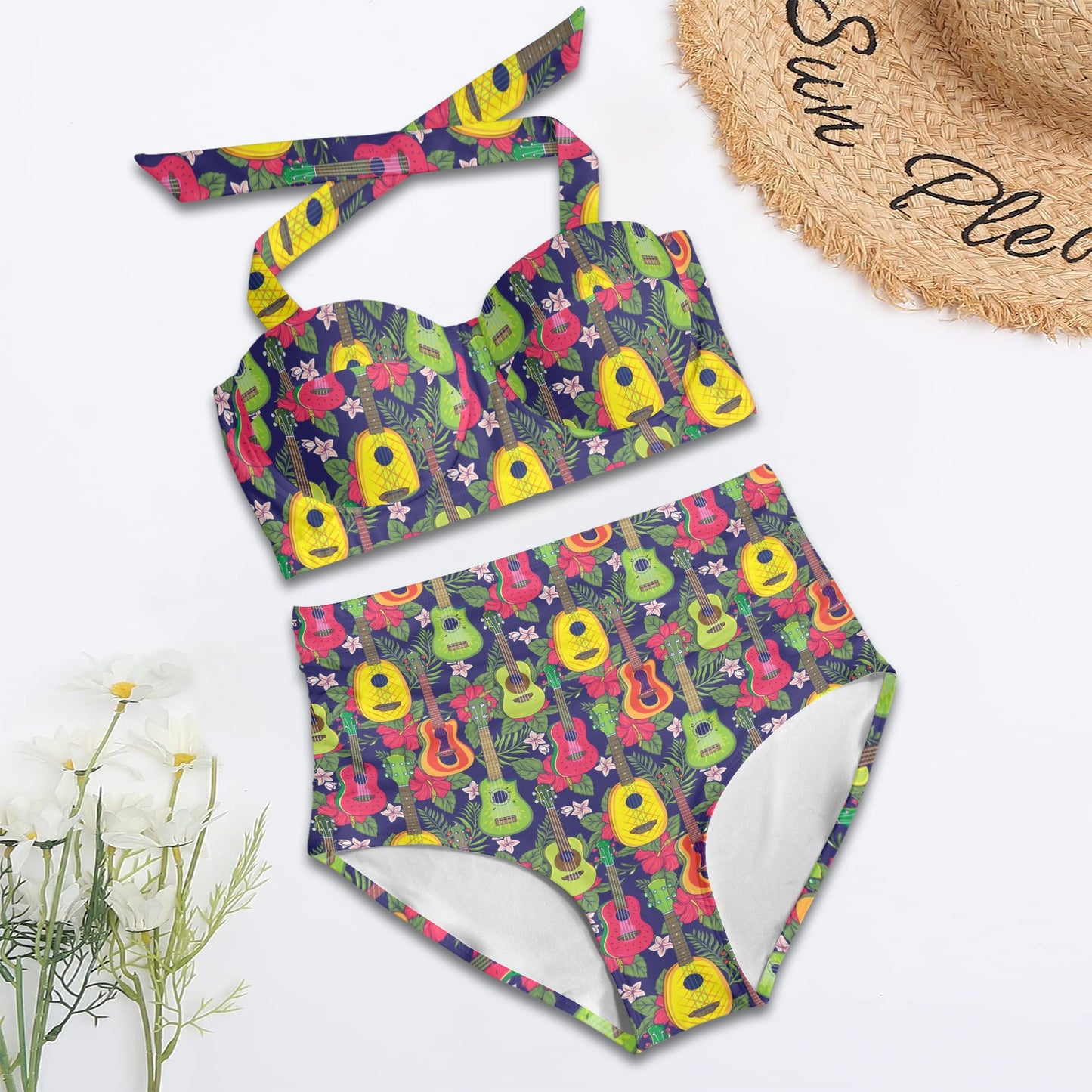 Ukulele Tropical Pattern Print Design 03 Halter Neck Bikini Swimsuit