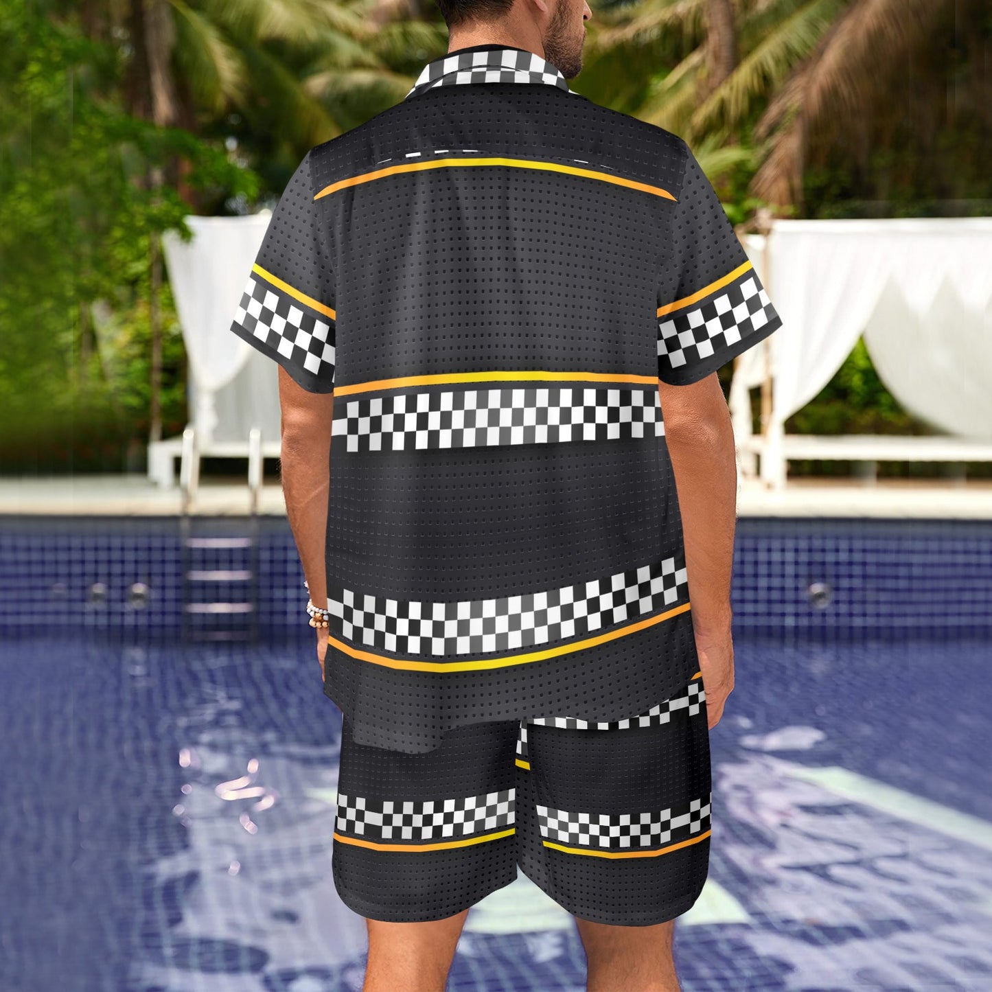 Checkered Flag Yellow Line Style Men's Beach Shirt and Shorts Set