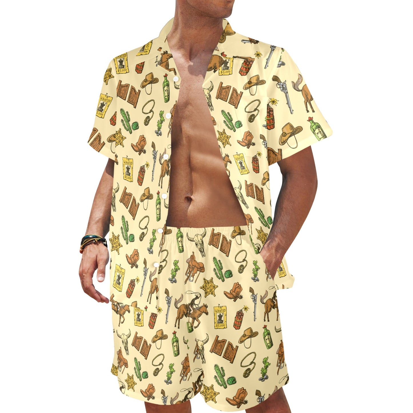 Cowboy Pattern Print Design 04 Men's Beach Shirt and Shorts Set