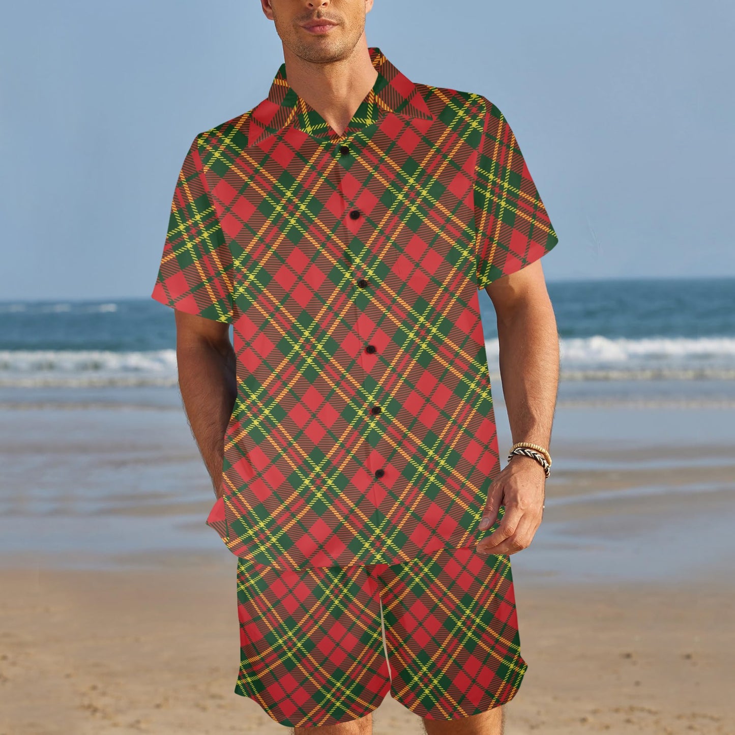 Plaid Holiday Pattern Print Design A01 Men's Beach Shirt and Shorts Set
