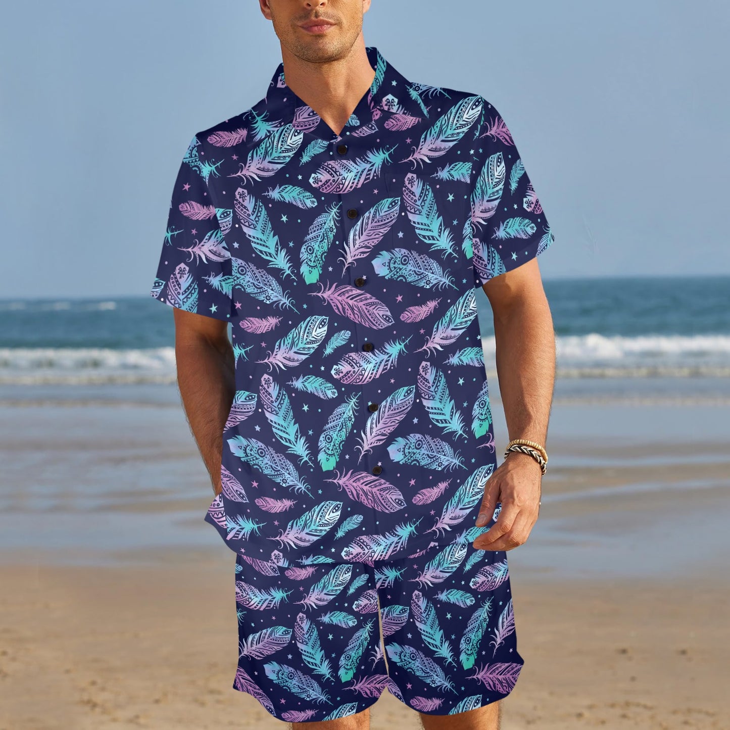Feather Aztec Design Print Men's Beach Shirt and Shorts Set