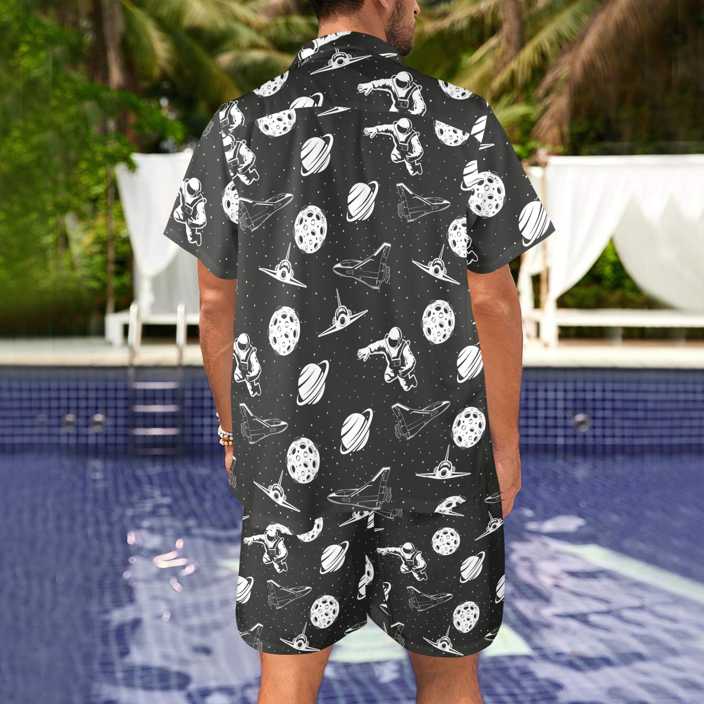 Space Astronauts Print Men's Beach Shirt and Shorts Set