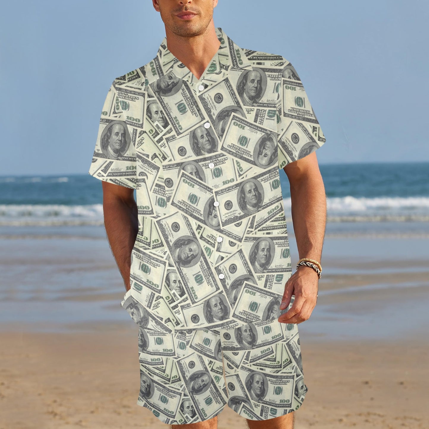Dollar Pattern Print Design DO02 Men's Beach Shirt and Shorts Set