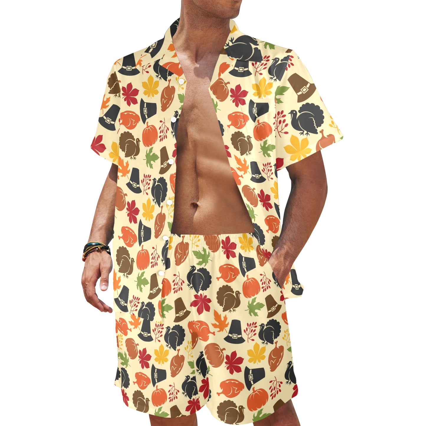 Thanksgiving Print Design LKS303 Men's Beach Shirt and Shorts Set