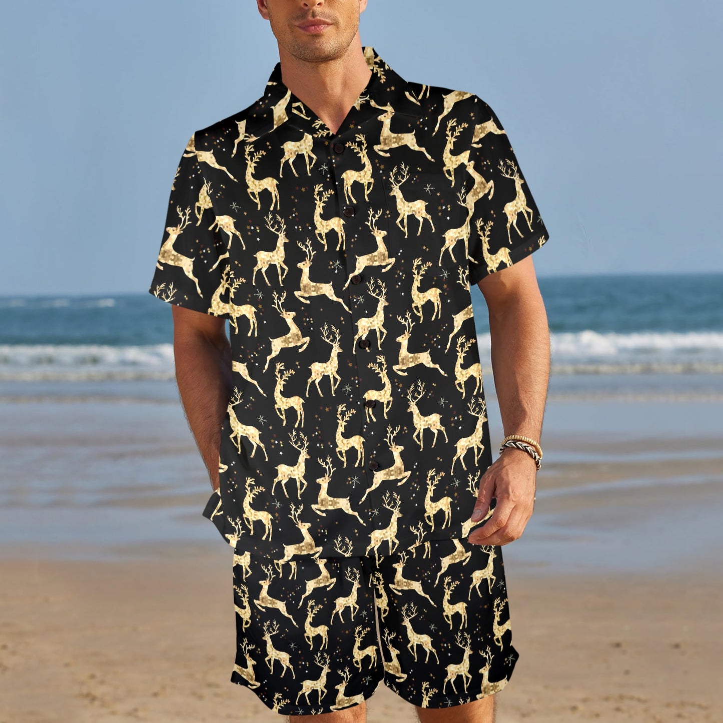 Deer Gold Pattern Men's Beach Shirt and Shorts Set