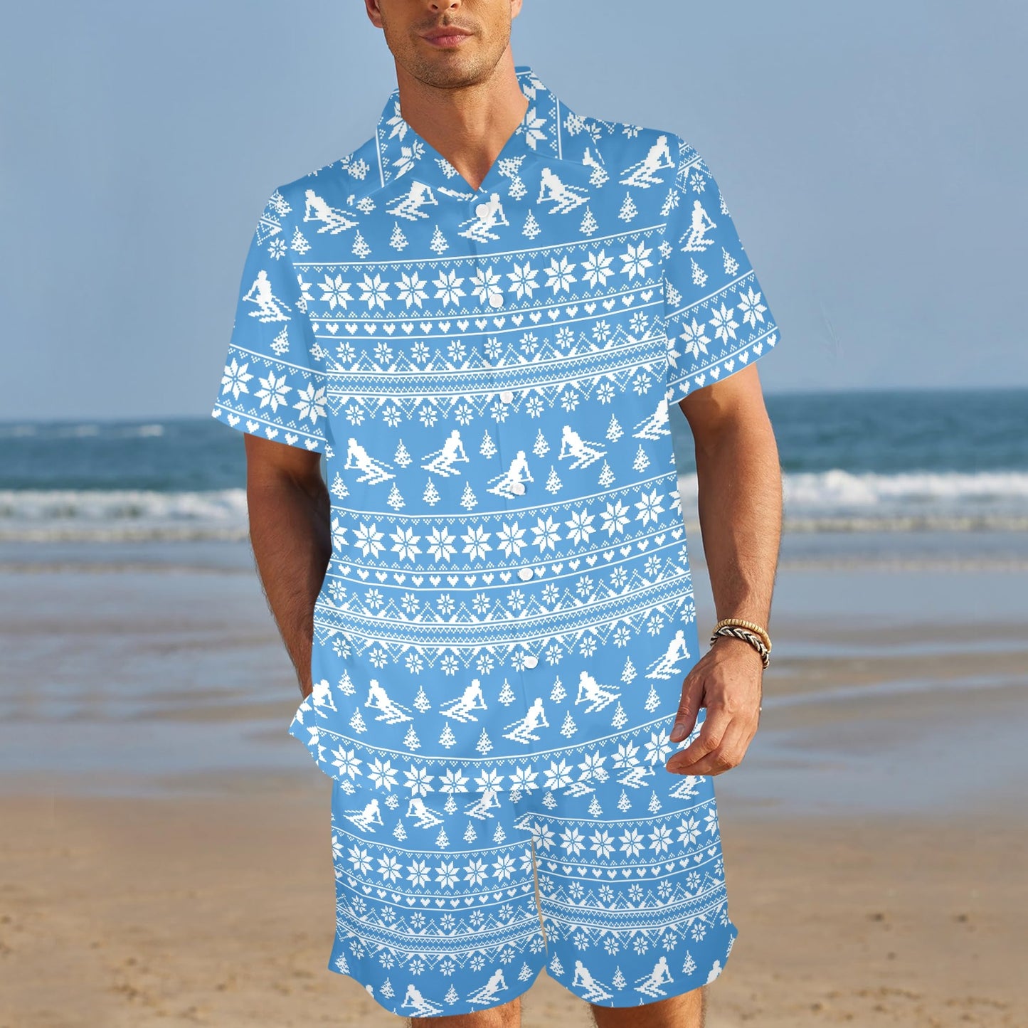 Ski Knit Pattern Print Design LKS302 Men's Beach Shirt and Shorts Set