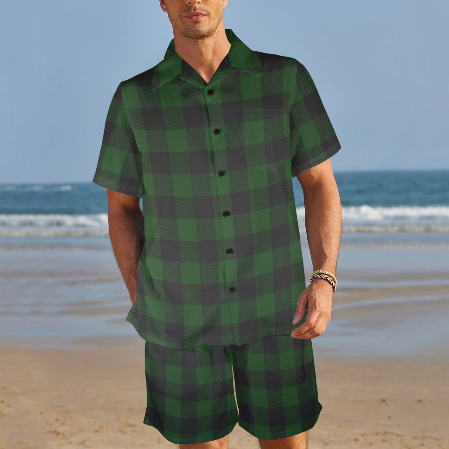 Buffalo check Green Pattern Print Design 02 Men's Beach Shirt and Shorts Set