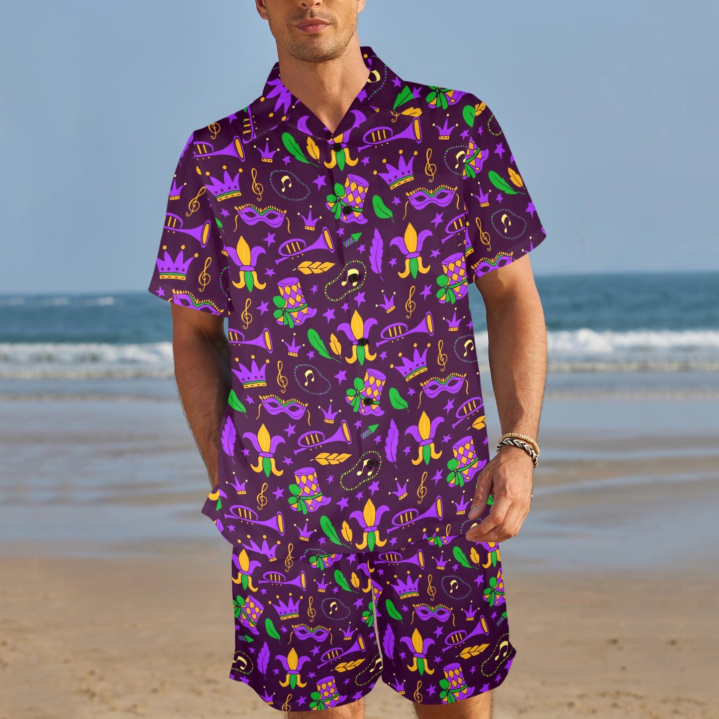 Mardi Gras Pattern Print Design 08 Men's Beach Shirt and Shorts Set