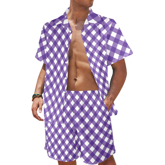 Gingham Purple Pattern Print Design 03 Men's Beach Shirt and Shorts Set
