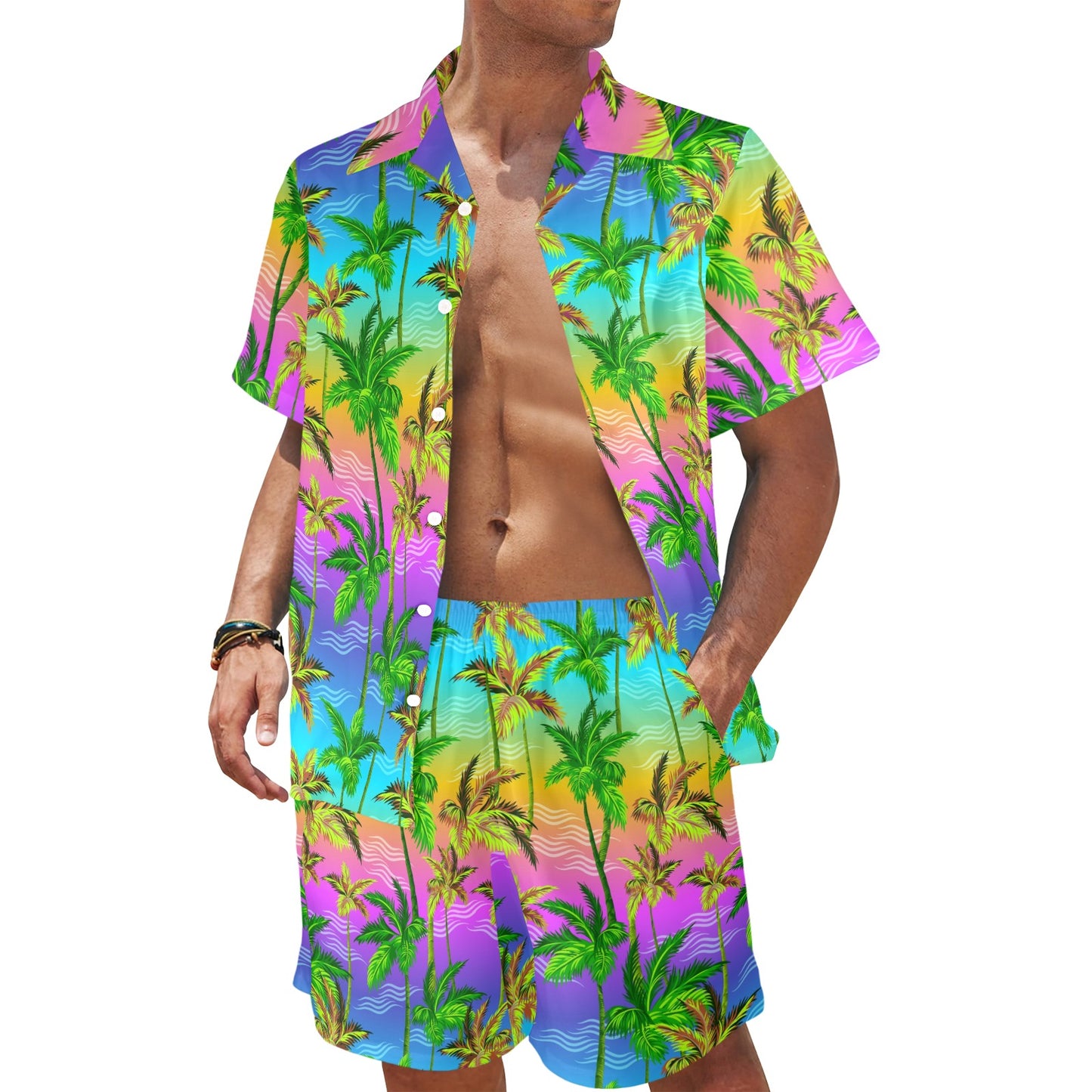 Palm Tree Rainbow Pattern Men's Beach Shirt and Shorts Set