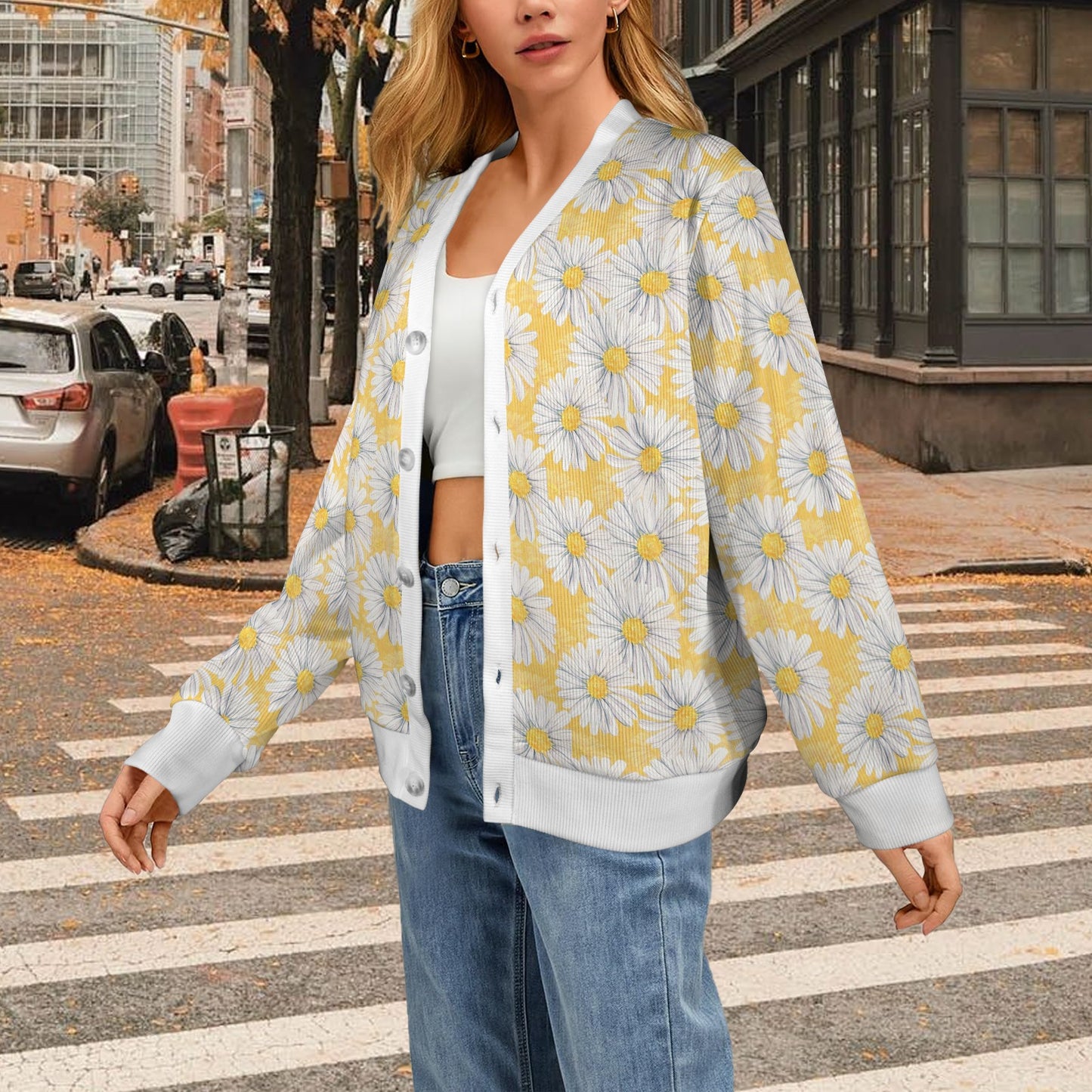 Daisy Yellow Watercolor Print Pattern Women's Cardigan