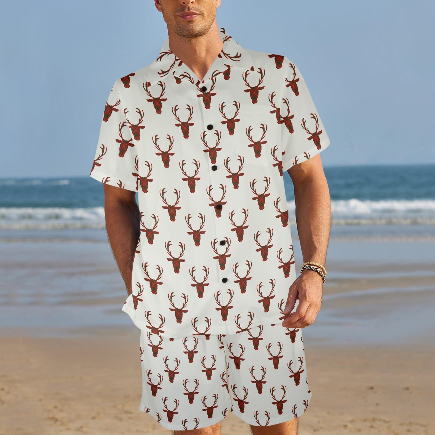 Deer tartan Design Print Pattern JJ073 Men's Beach Shirt and Shorts Set