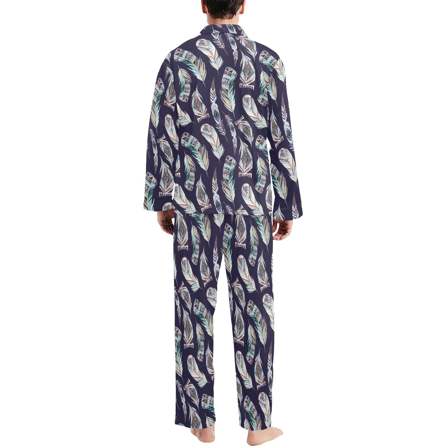 Feather Vintage Boho Design Print Men's Long Pajama Set