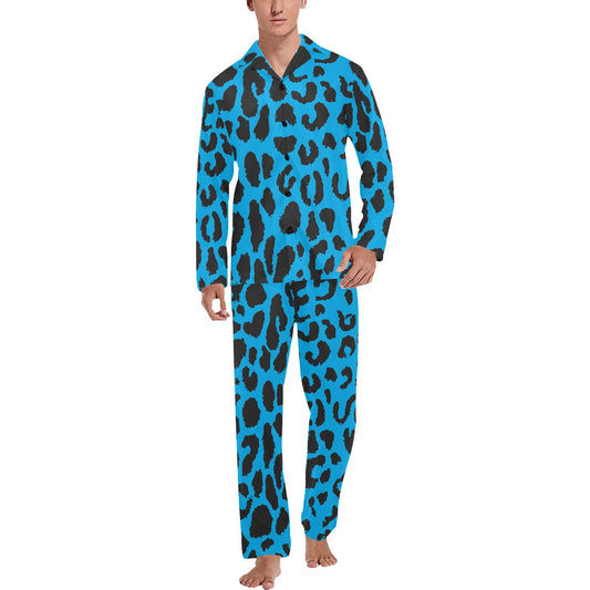 Cheetah Blue Print Pattern Men's Long Pajama Set