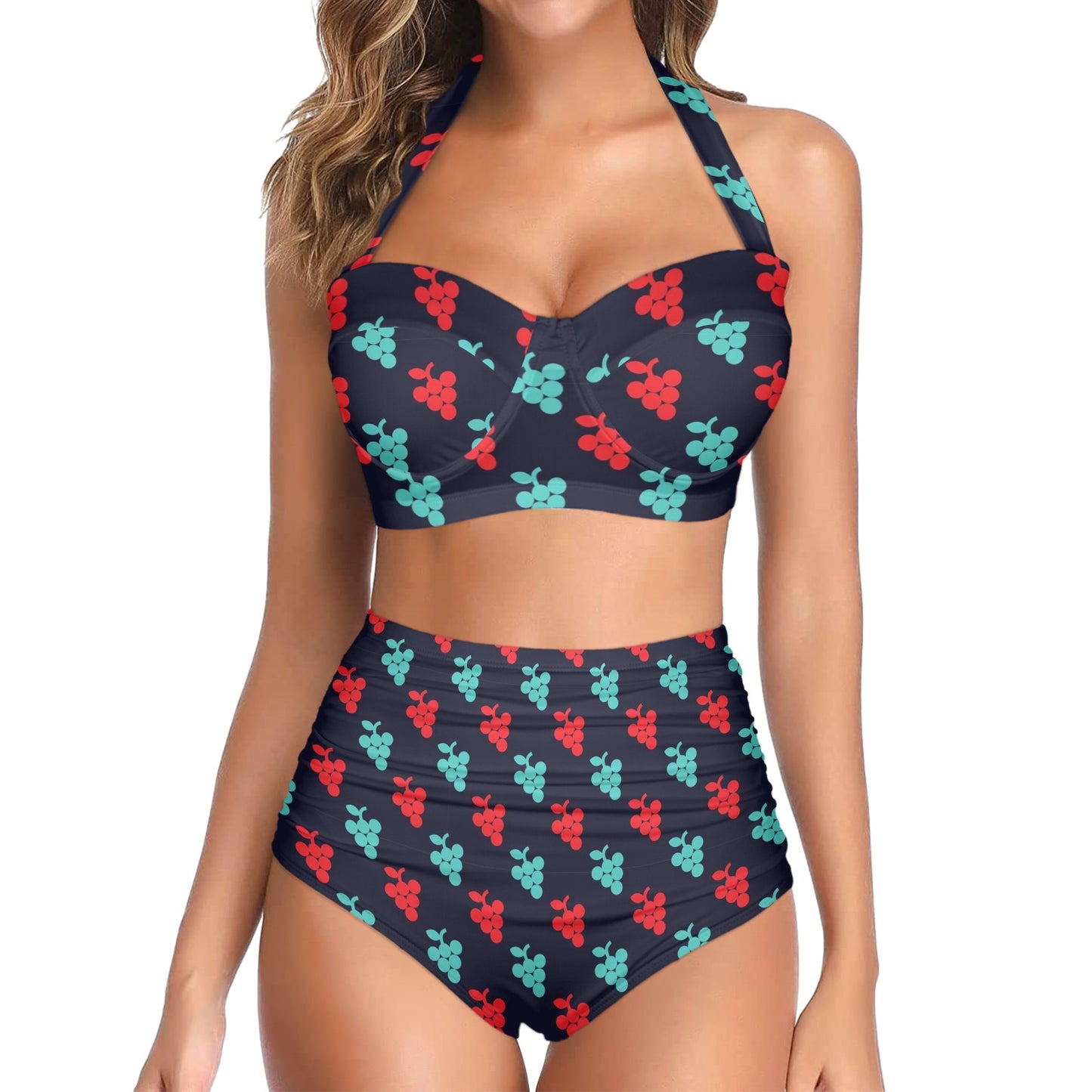 Grape Pattern Print Design GP07 Halter Neck Bikini Swimsuit