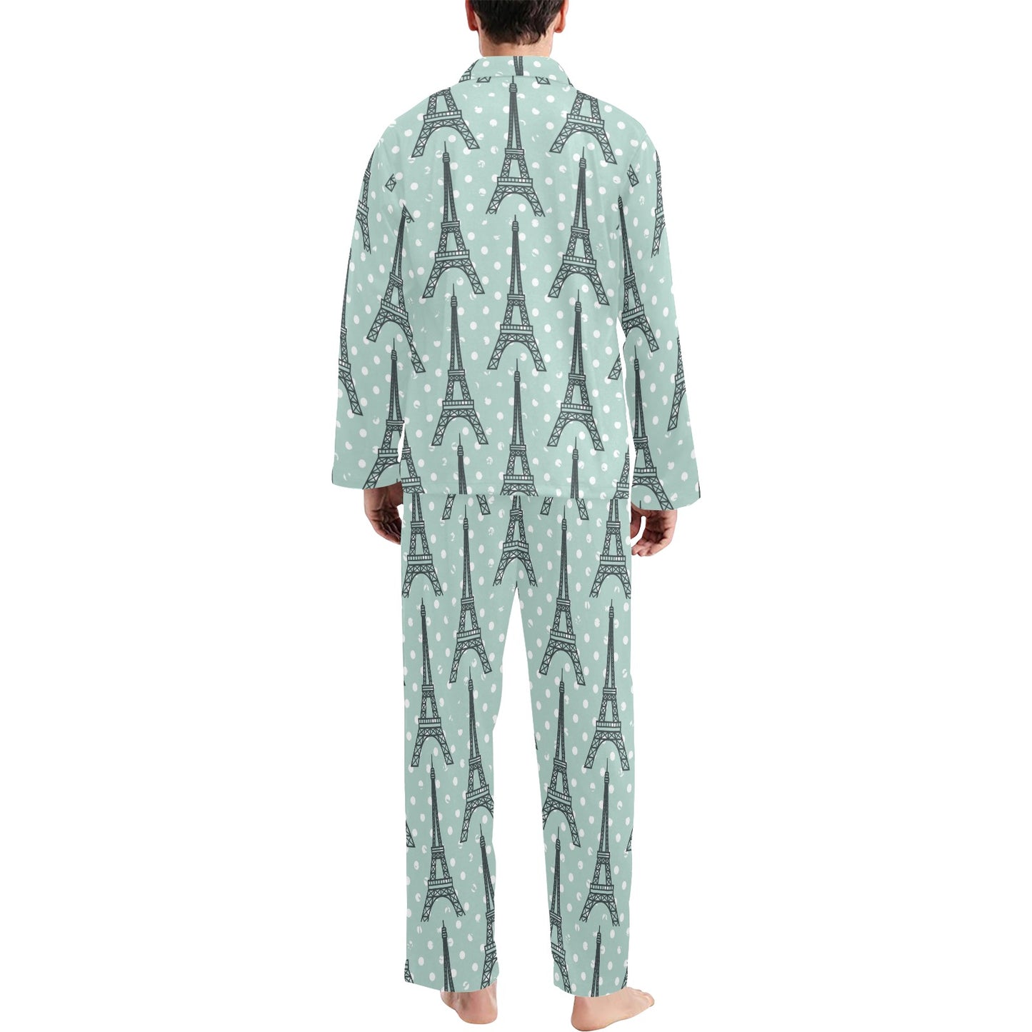 Eiffel Tower Polka Dot Print Men's Long Pajama Set