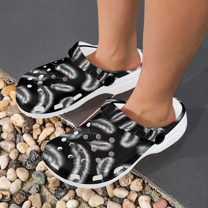 Feather Black White Design Print Unisex Clogs Shoes