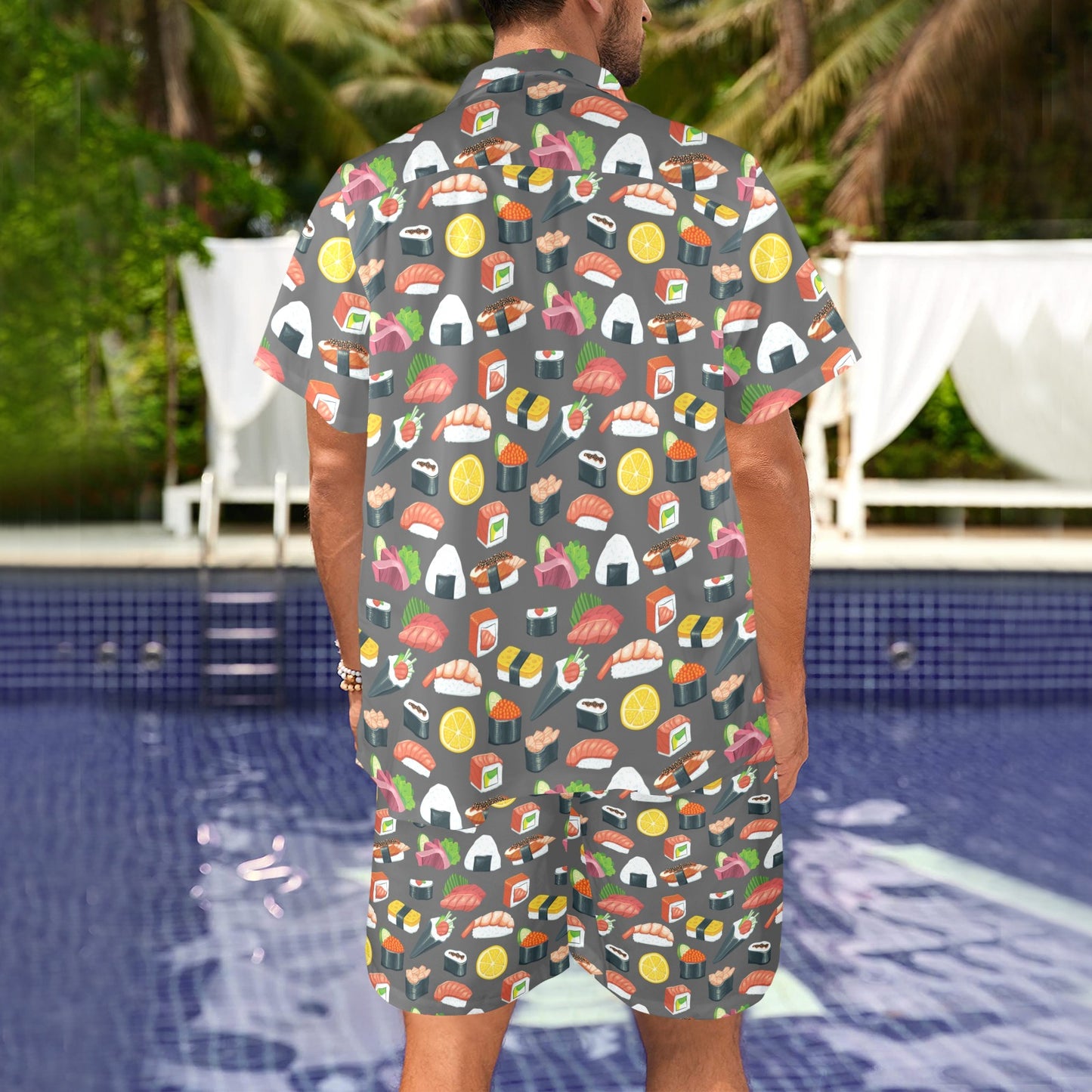 Sushi Pattern Print Men's Beach Shirt and Shorts Set