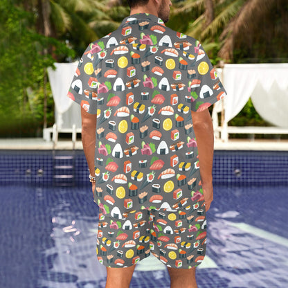 Sushi Pattern Print Men's Beach Shirt and Shorts Set