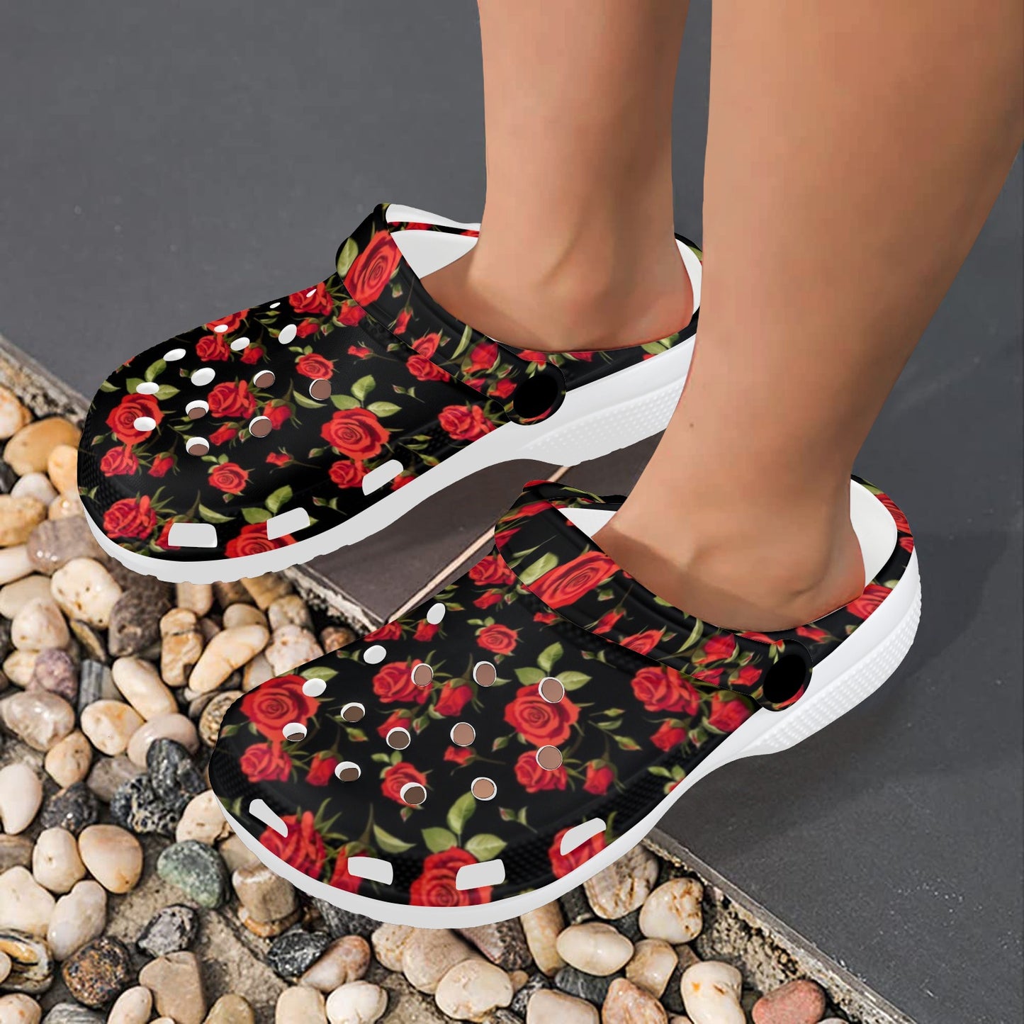 Red Rose Themed Print Unisex Clogs Shoes