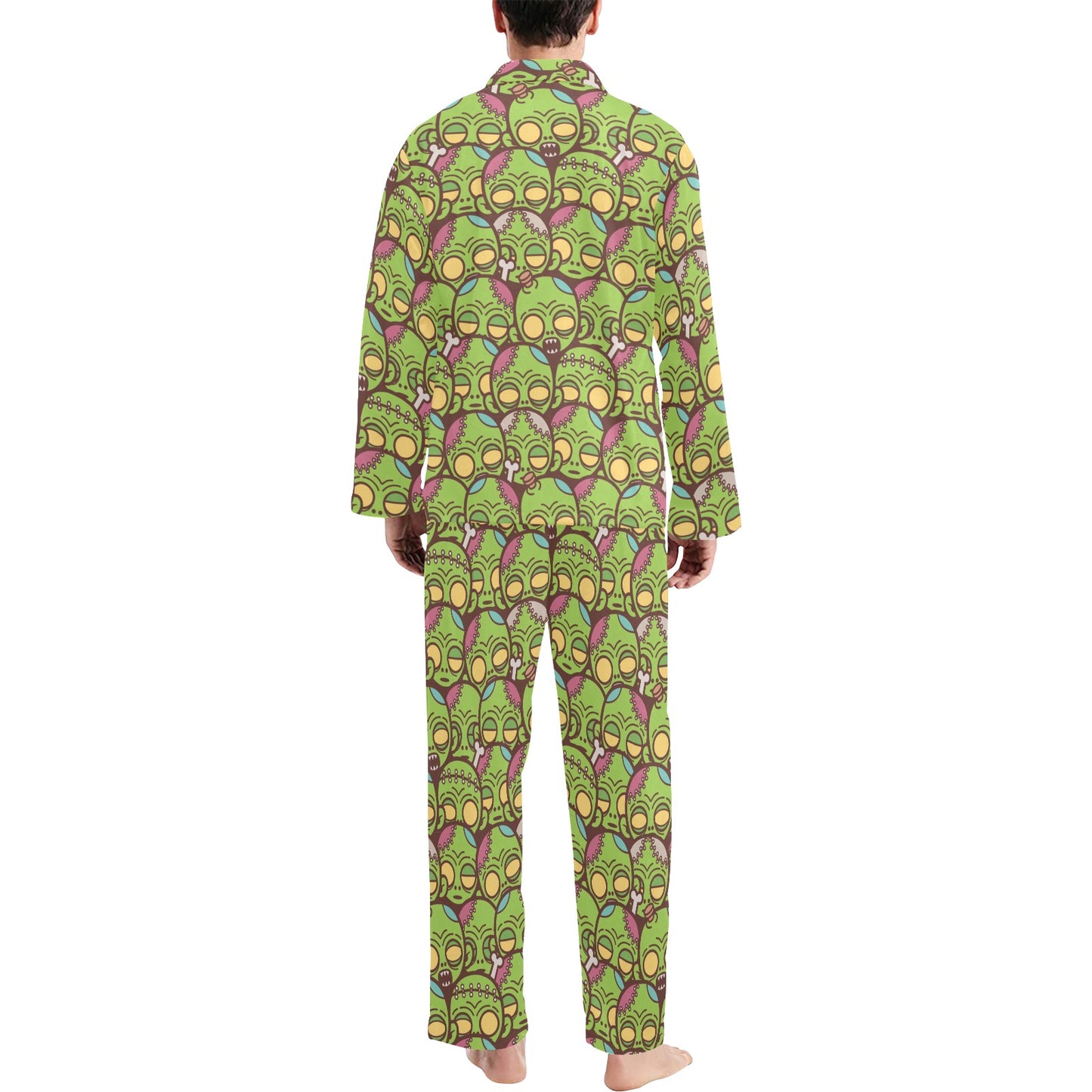 Zombie Head Design Pattern Print Men's Long Pajama Set