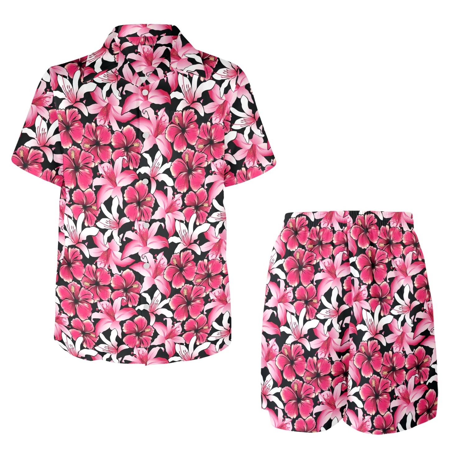 Flower Hawaiian Pink Red Hibiscus Print Men's Beach Shirt and Shorts Set